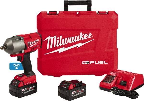 Milwaukee Tool - 1/2" Drive 18 Volt Pistol Grip Cordless Impact Wrench & Ratchet - 1,800 RPM, 0 to 2,400 BPM, 1,100 Ft/Lb Torque, 2 Lithium-Ion Batteries Included - Apex Tool & Supply