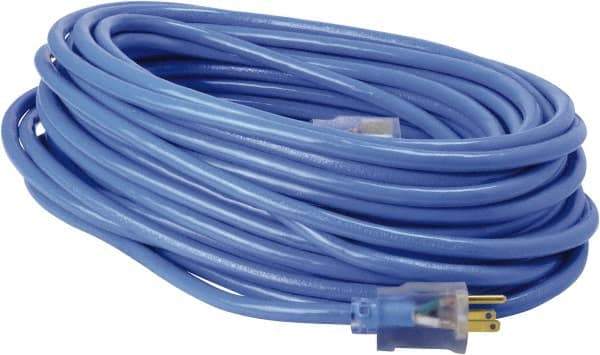 Southwire - 100', 14/3 Gauge/Conductors, Blue & Yellow Industrial Extension Cord - 3 Receptacles, 10 Amps, 125 VAC, UL SJTW, NEMA 5-15P - Apex Tool & Supply