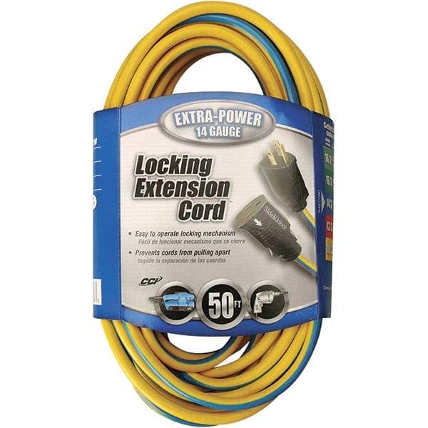 Southwire - 50', 14/3 Gauge/Conductors, Blue & Yellow Locking Extension Cord - 15 Amps, 125 VAC, UL SJTW, NEMA 5-15P - Apex Tool & Supply