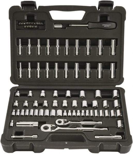 Stanley - 85 Piece 1/4" & 3/8" Drive Chrome Finish Socket Set - 12 Points, 5/32" to 7/8" (4mm to 19mm) Range, Inch/Metric Measurement Standard - Apex Tool & Supply