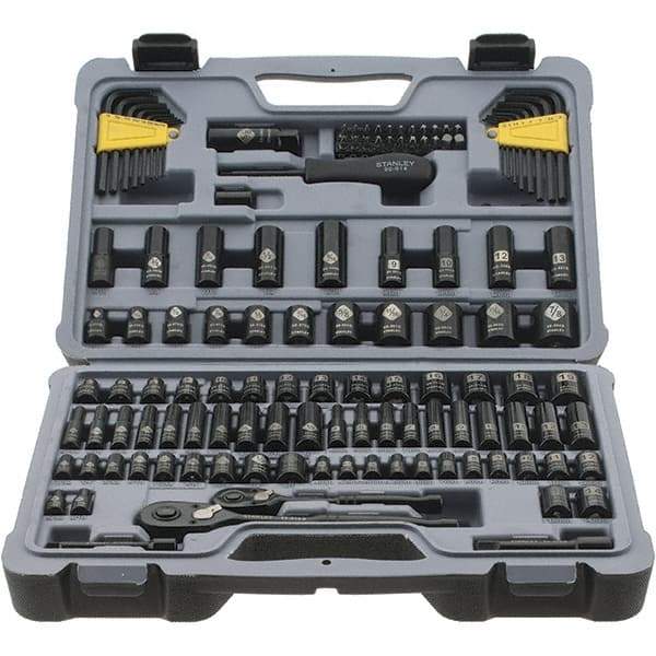Stanley - 123 Piece 1/4" Drive Black Chrome Finish Socket Set - 12 Points, 5/32" to 1/2" (4mm to 12mm) Range, Inch/Metric Measurement Standard - Apex Tool & Supply