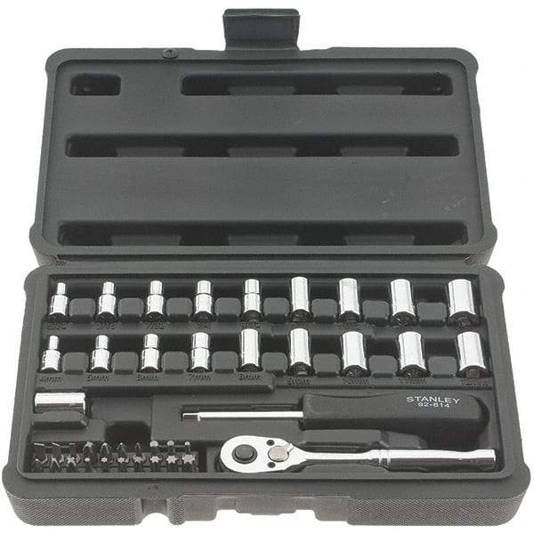 Stanley - 41 Piece 1/4" Drive Chrome Finish Socket Set - 12 Points, 5/32" to 11/16" (4mm to 17mm) Range, Inch/Metric Measurement Standard - Apex Tool & Supply