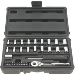 Stanley - 41 Piece 1/4" Drive Chrome Finish Socket Set - 12 Points, 5/32" to 11/16" (4mm to 17mm) Range, Inch/Metric Measurement Standard - Apex Tool & Supply