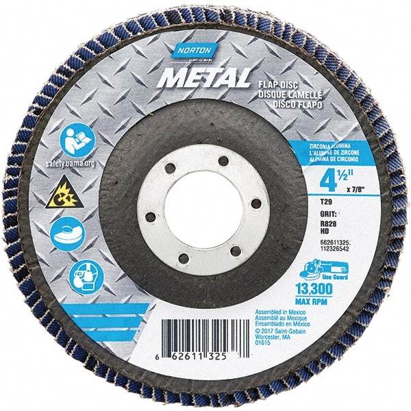 Norton - 60 Grit, 4-1/2" Disc Diam, 7/8" Center Hole, Type 29 Zirconia Alumina Flap Disc - 13,300 Max RPM, Fiberglass Backing, Arbor Attaching System, Coated - Apex Tool & Supply