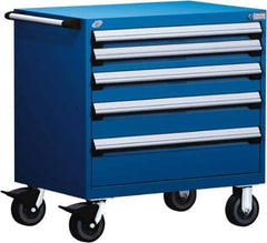Rousseau Metal - 5 Drawer Steel Tool Roller Cabinet - 36" Wide x 37-1/2" High x 24" Deep, Ball Bearing Drawer Slides, Blue - Apex Tool & Supply