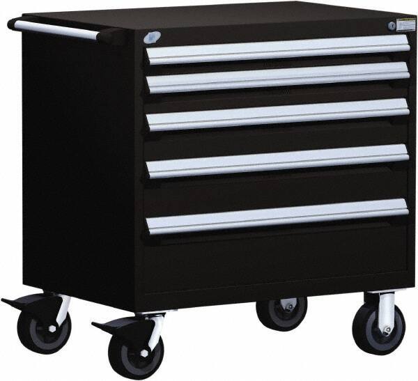 Rousseau Metal - 5 Drawer Steel Tool Roller Cabinet - 36" Wide x 37-1/2" High x 18" Deep, Ball Bearing Drawer Slides, Black - Apex Tool & Supply