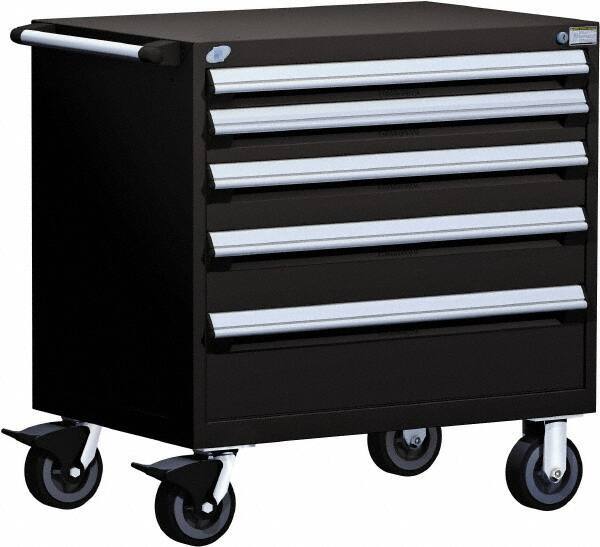 Rousseau Metal - 5 Drawer Steel Tool Roller Cabinet - 30" Wide x 37-1/2" High x 21" Deep, Ball Bearing Drawer Slides, Black - Apex Tool & Supply