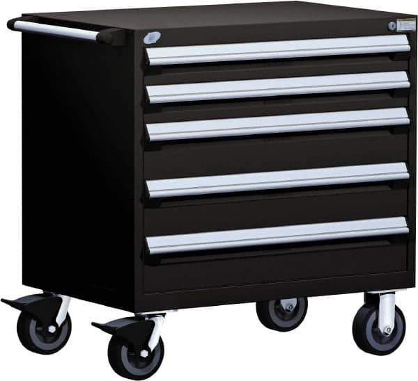 Rousseau Metal - 5 Drawer Steel Tool Roller Cabinet - 36" Wide x 37-1/2" High x 24" Deep, Ball Bearing Drawer Slides, Black - Apex Tool & Supply