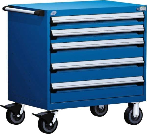 Rousseau Metal - 5 Drawer Steel Tool Roller Cabinet - 36" Wide x 37-1/2" High x 18" Deep, Ball Bearing Drawer Slides, Blue - Apex Tool & Supply