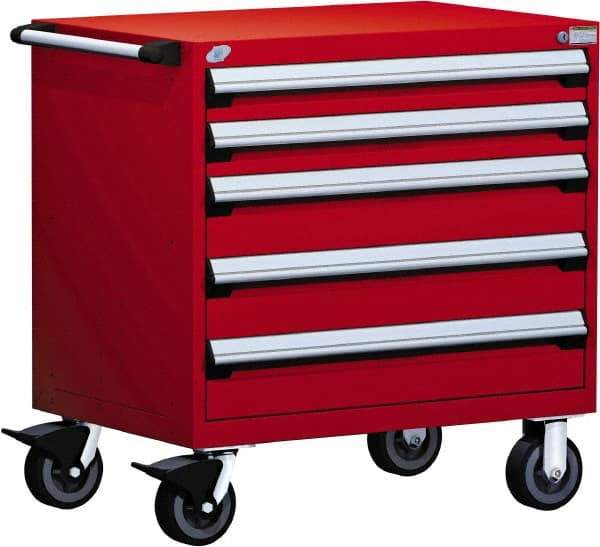 Rousseau Metal - 5 Drawer Steel Tool Roller Cabinet - 30" Wide x 37-1/2" High x 27" Deep, Ball Bearing Drawer Slides, Red - Apex Tool & Supply
