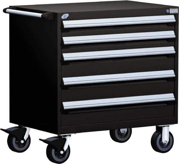 Rousseau Metal - 5 Drawer Steel Tool Roller Cabinet - 30" Wide x 37-1/2" High x 21" Deep, Ball Bearing Drawer Slides, Black - Apex Tool & Supply