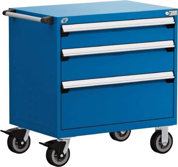 Rousseau Metal - 3 Drawer Steel Tool Roller Cabinet - 36" Wide x 37-1/2" High x 24" Deep, Ball Bearing Drawer Slides, Blue - Apex Tool & Supply