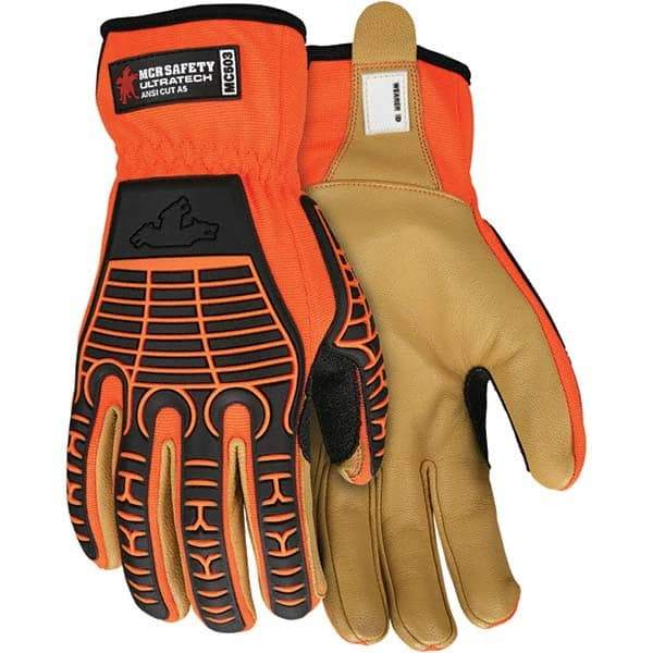 MCR Safety - Size L ANSI Cut Lvl A5, Abrasion Lvl 4, Goatskin Cut Resistant Gloves - Uncoated, Dyneema Diamond Lining, Slip-On Cuff, Orange/Gold, Paired - Apex Tool & Supply