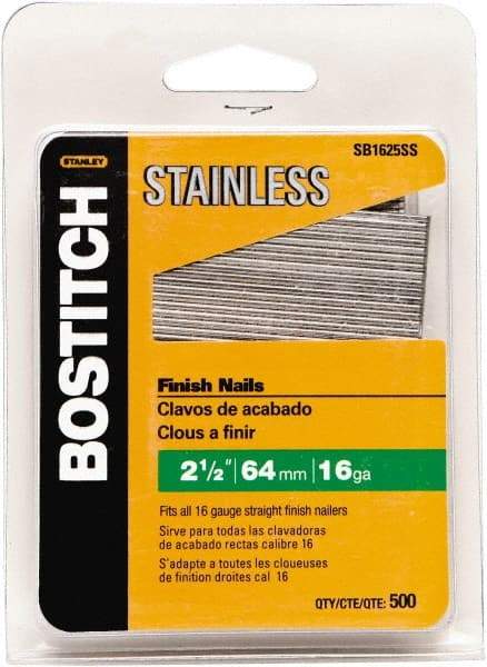 Stanley Bostitch - 16 Gauge 1/16" Shank Diam 2-1/2" Long Finishing Nails for Power Nailers - Stainless Steel, Smooth Shank, Straight Stick Adhesive Collation, Round Head, Chisel Point - Apex Tool & Supply