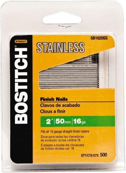Stanley Bostitch - 16 Gauge 1/16" Shank Diam 2" Long Finishing Nails for Power Nailers - Stainless Steel, Smooth Shank, Straight Stick Adhesive Collation, Round Head, Chisel Point - Apex Tool & Supply