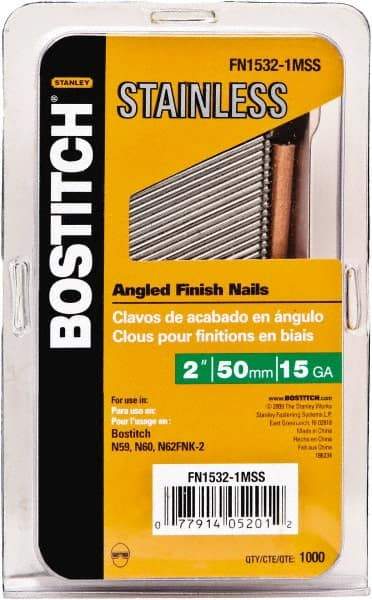 Stanley Bostitch - 15 Gauge 0.07" Shank Diam 1-1/2" Long Finishing Nails for Power Nailers - Stainless Steel, Smooth Shank, Angled Stick Adhesive Collation, Round Head, Chisel Point - Apex Tool & Supply