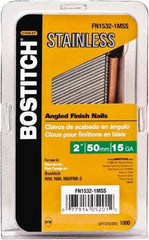 Stanley Bostitch - 15 Gauge 0.07" Shank Diam 1-1/2" Long Finishing Nails for Power Nailers - Stainless Steel, Smooth Shank, Angled Stick Adhesive Collation, Round Head, Chisel Point - Apex Tool & Supply