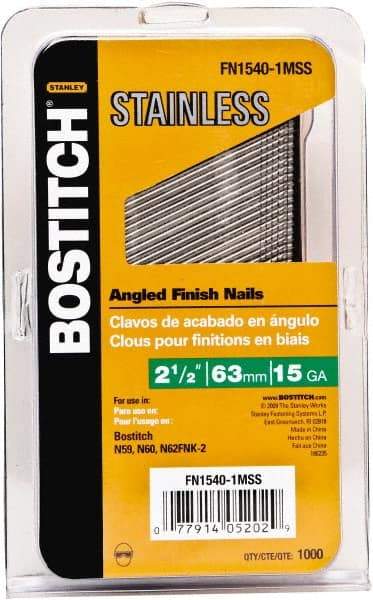 Stanley Bostitch - 15 Gauge 0.07" Shank Diam 2-1/2" Long Finishing Nails for Power Nailers - Stainless Steel, Smooth Shank, Angled Stick Adhesive Collation, Round Head, Chisel Point - Apex Tool & Supply