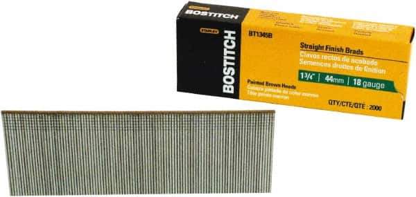 Stanley Bostitch - 18 Gauge 0.05" Shank Diam 1-3/4" Long Brad Nails for Power Nailers - Steel, Bright Finish, Ring Shank, Straight Stick Adhesive Collation, Brad Head, Chisel Point - Apex Tool & Supply