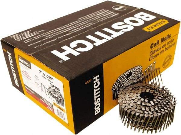 Stanley Bostitch - 13 Gauge 0.099" Shank Diam 2" Long Framing Nails for Power Nailers - Steel, Yellow Zinc Finish, Smooth Shank, Coil Wire Collation, Round Head, Diamond Point - Apex Tool & Supply