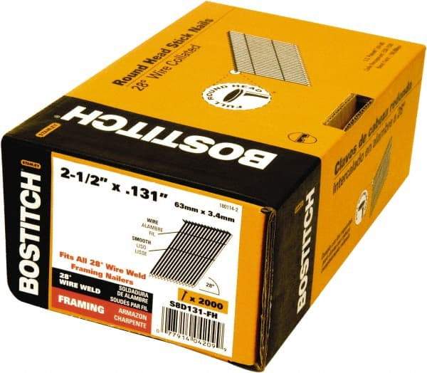 Stanley Bostitch - 11 Gauge 0.131" Shank Diam 2-1/2" Long Framing Nails for Power Nailers - Steel, Bright Finish, Smooth Shank, Angled Stick Wire Collation, Round Head, Diamond Point - Apex Tool & Supply