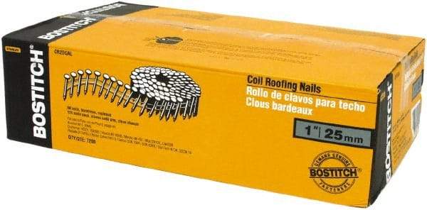 Stanley Bostitch - 13 Gauge 1" Long Roofing Nails for Power Nailers - Steel, Galvanized Finish, Smooth Shank, Coil Wire Collation, Round Head, Diamond Point - Apex Tool & Supply