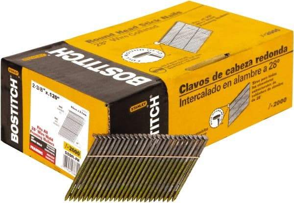 Stanley Bostitch - 11 Gauge 0.12" Shank Diam 2-3/8" Long Framing Nails for Power Nailers - Steel, Bright Finish, Ring Shank, Angled Stick Wire Collation, Round Head, Diamond Point - Apex Tool & Supply
