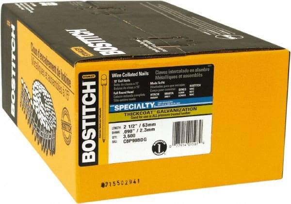Stanley Bostitch - 13 Gauge 2-1/2" Long Siding Nails for Power Nailers - Steel, Galvanized Finish, Smooth Shank, Coil Wire Collation, Round Head, Blunt Diamond Point - Apex Tool & Supply