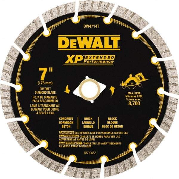 DeWALT - 7" Diam, 5/8" Arbor Hole Diam, 14 Tooth Wet & Dry Cut Saw Blade - Diamond Matrix, Fast Cutting Action, Standard Round Arbor - Apex Tool & Supply