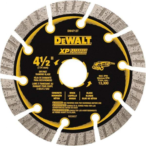 DeWALT - 4-1/2" Diam, 5/8" Arbor Hole Diam, 10 Tooth Wet & Dry Cut Saw Blade - Diamond Matrix, Fast Cutting Action, Standard Round Arbor - Apex Tool & Supply