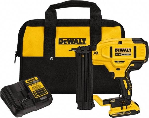 DeWALT - Cordless Brad Nailer Kit - 18 Gauge Nail Diam, 5/8 to 2-1/8" Long Nail, Includes DCB203 2Ah Battery, Carry Bag & Charger - Apex Tool & Supply