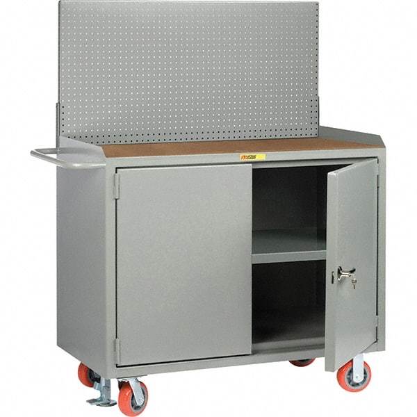 Little Giant - 3,600 Lb Capacity, 3 Shelf, 2 Door Mobile Bench Cabinet with Pegboard Panel - 41" Wide x 24" Deep x 43" High, Steel, Gray - Apex Tool & Supply