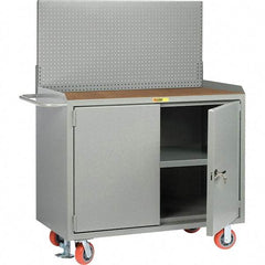 Little Giant - 3,600 Lb Capacity, 3 Shelf, 2 Door Mobile Bench Cabinet with Pegboard Panel - 41" Wide x 24" Deep x 43" High, Steel, Gray - Apex Tool & Supply