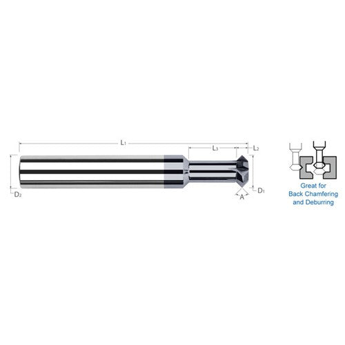 ‎Double Angle Shank Cutters - 0.1562″ (5/32″) Cutter Diameter × 0.0780″ (5/64″) Width × 1.1250″ (1-1/8″) Neck Length Carbide Double Angle Shank Cutter, 4 Flutes, AlTiN Coated - Exact Industrial Supply