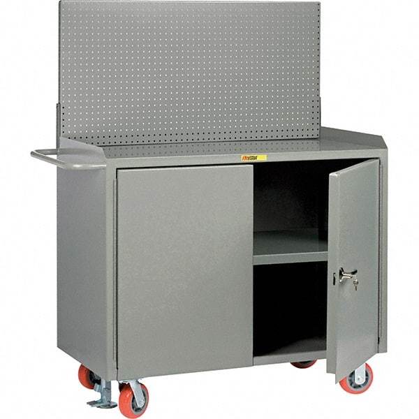 Little Giant - 3,600 Lb Capacity, 3 Shelf, 2 Door Mobile Bench Cabinet with Pegboard Panel - 41" Wide x 24" Deep x 43" High, Steel, Gray - Apex Tool & Supply