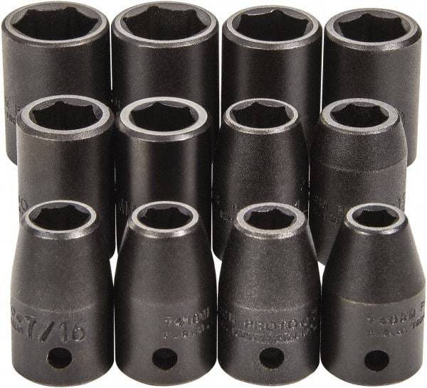 Proto - 12 Piece 1/2" Drive Full Polish Finish Impact Socket Set - 6 Points, 3/4" to 3/4" (8mm to 19mm) Range, Inch/Metric Measurement Standard - Apex Tool & Supply