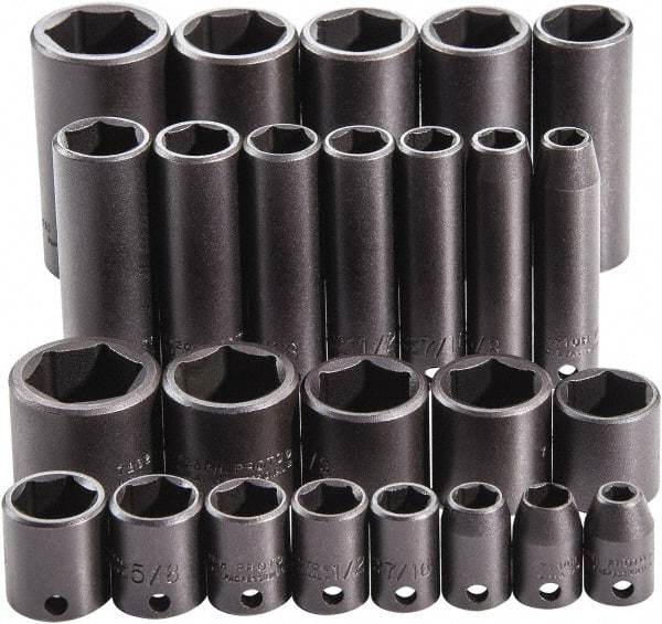 Proto - 25 Piece 3/8" Drive Full Polish Finish Deep Well Impact Socket Set - 6 Points, 1" to 1" Range, Inch Measurement Standard - Apex Tool & Supply