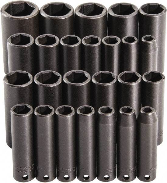 Proto - 25 Piece 3/8" Drive Deep Impact Socket Set - 6 Points, 15/16 to 1", 7 to 19mm, Inch/Metric Measurement Standard - Apex Tool & Supply