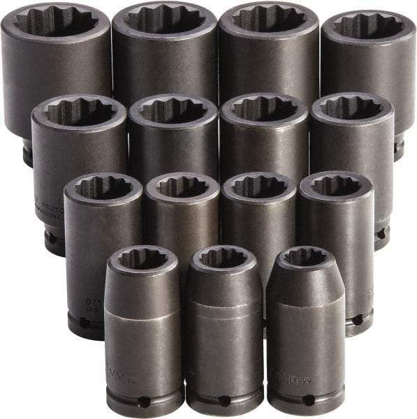 Proto - 15 Piece 3/4" Drive Full Polish Finish Deep Well Impact Socket Set - 12 Points, 19mm to 43mm Range, Metric Measurement Standard - Apex Tool & Supply