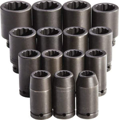 Proto - 15 Piece 3/4" Drive Full Polish Finish Deep Well Impact Socket Set - 12 Points, 19mm to 43mm Range, Metric Measurement Standard - Apex Tool & Supply