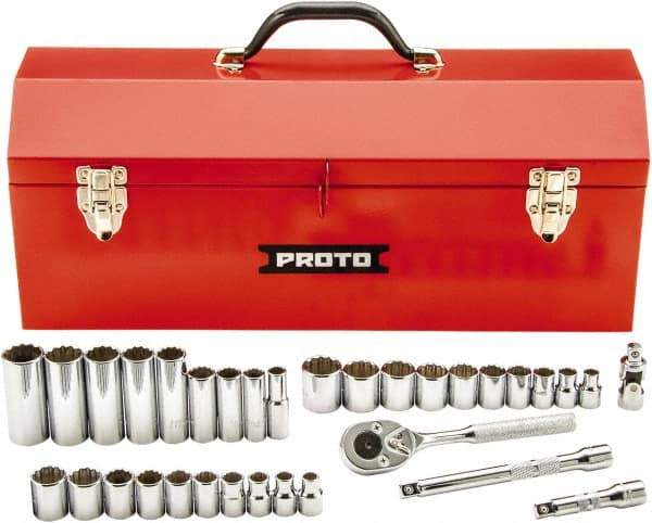 Proto - 34 Piece 3/8" Drive Chrome Finish Deep Well Socket Set - 12 Points, 5/16" (8mm to 19mm) Range, Inch/Metric Measurement Standard - Apex Tool & Supply