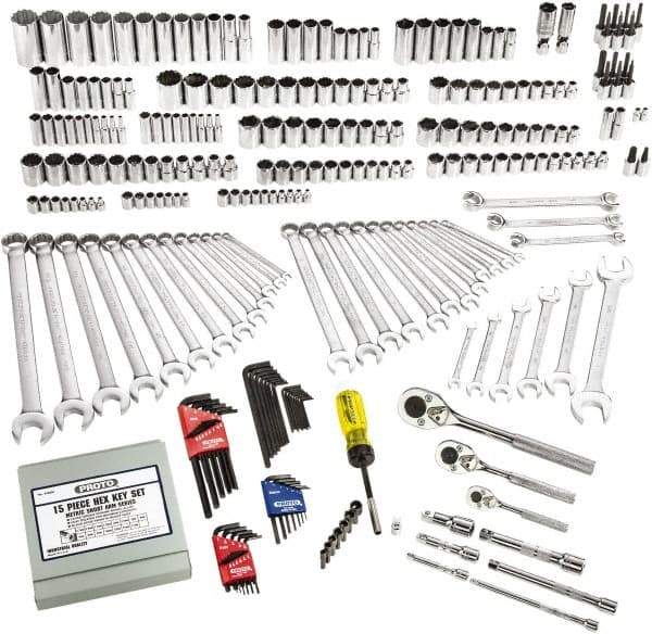 Proto - 302 Piece 1/4", 3/8" & 1/2" Drive Full Polish Finish Deep Well Socket Set - 6, 12 Points, 1/4" to 1-1/4" (4mm to 24mm) Range, Inch/Metric Measurement Standard - Apex Tool & Supply