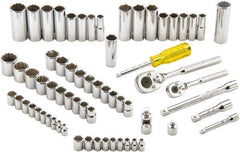 Proto - 65 Piece 1/4" & 3/8" Drive Full Polish Finish Deep Well Socket Set - 6, 12 Points, 1/4" to 7/8" (4mm to 19mm) Range, Inch/Metric Measurement Standard - Apex Tool & Supply