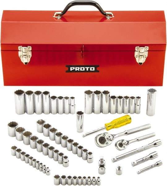Proto - 65 Piece 1/4" & 3/8" Drive Full Polish Finish Deep Well Socket Set - 6, 12 Points, 1/4" to 7/8" (4mm to 19mm) Range, Inch/Metric Measurement Standard - Apex Tool & Supply