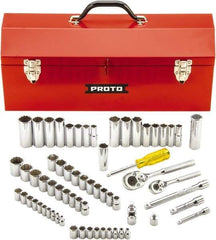Proto - 65 Piece 1/4" & 3/8" Drive Full Polish Finish Deep Well Socket Set - 6, 12 Points, 1/4" to 7/8" (4mm to 19mm) Range, Inch/Metric Measurement Standard - Apex Tool & Supply