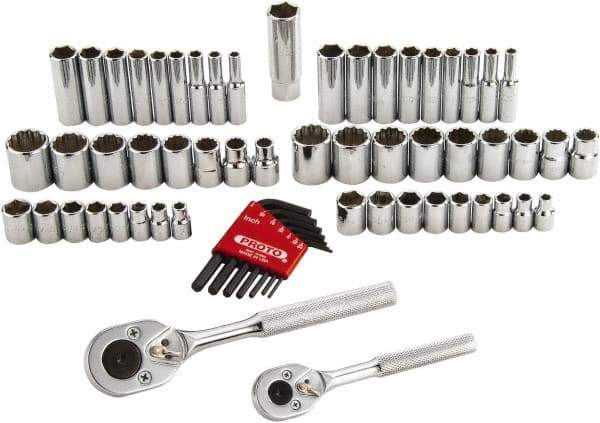 Proto - 63 Piece 1/4 & 3/8" Drive Standard Deep Socket Set - 6 & 12 Points, 1/4 to 3/4", 5 to 18mm, Inch/Metric Measurement Standard - Apex Tool & Supply
