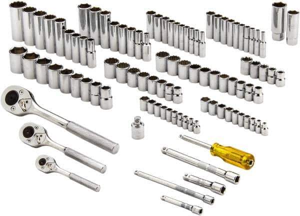 Proto - 101 Piece 1/4, 3/8 & 1/2" Drive Standard Deep Socket Set - 6 & 12 Points, 1/4 to 1", 4 to 19mm, Inch/Metric Measurement Standard - Apex Tool & Supply
