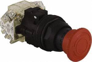 Schneider Electric - 30mm Mount Hole, Extended Mushroom Head, Pushbutton Switch with Contact Block - Round, Red Pushbutton, Maintained (MA) - Apex Tool & Supply