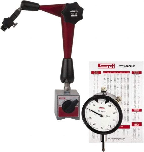 SPI - 0.001" Graduation, 1" Max Meas, 0-100 Dial Reading, Dial Indicator & Base Kit - 9-1/2" Base Height - Apex Tool & Supply
