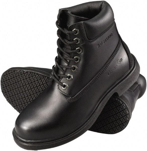 Genuine Grip - Men's Size 10.5 Wide Width Plain Work Boot - Black, Leather Upper, Rubber Outsole, 6" High, Dielectric, Non-Slip, Waterproof - Apex Tool & Supply